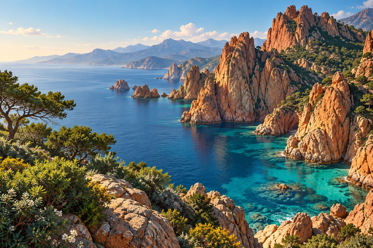 Illustration éditoriale des calanques de Piana en Corse