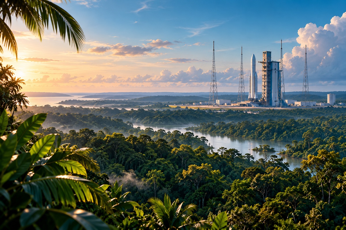 Illustration éditoriale du Centre spatial guyanais à Kourou, en Guyane