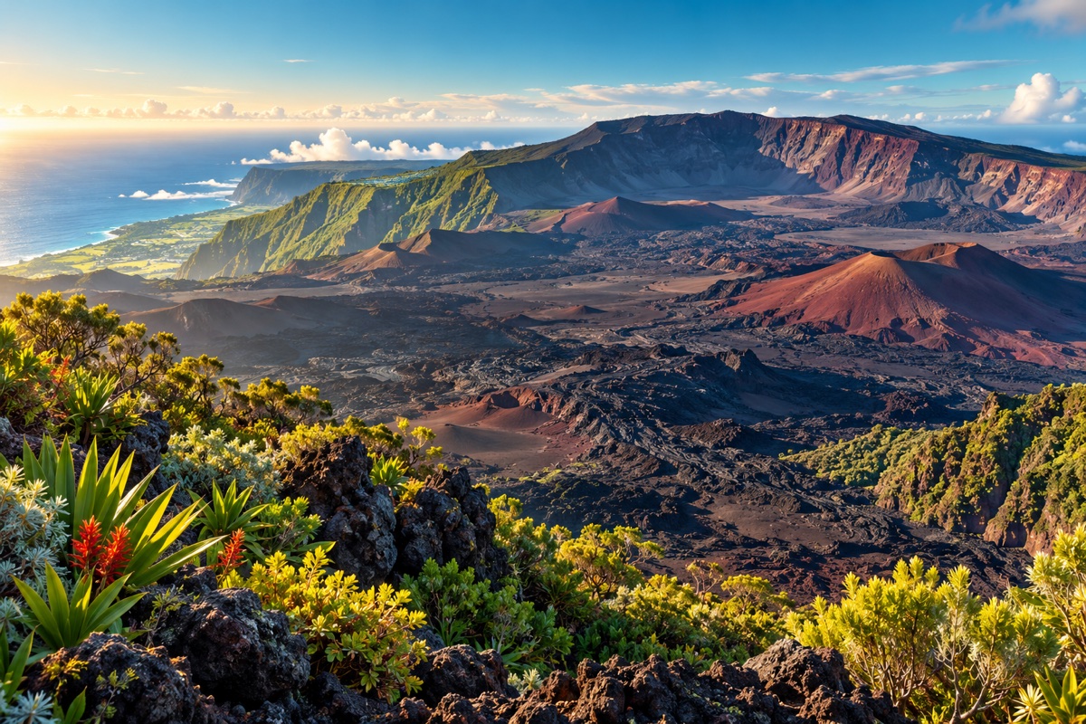 Illustration éditoriale du Piton de la Fournaise à La Réunion