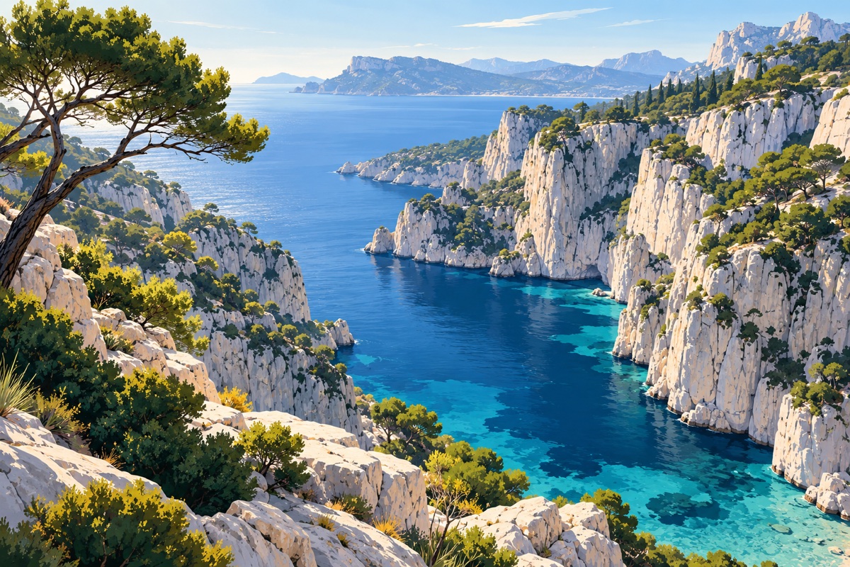 Illustration éditoriale des calanques de Marseille en Provence-Alpes-Côte d’Azur